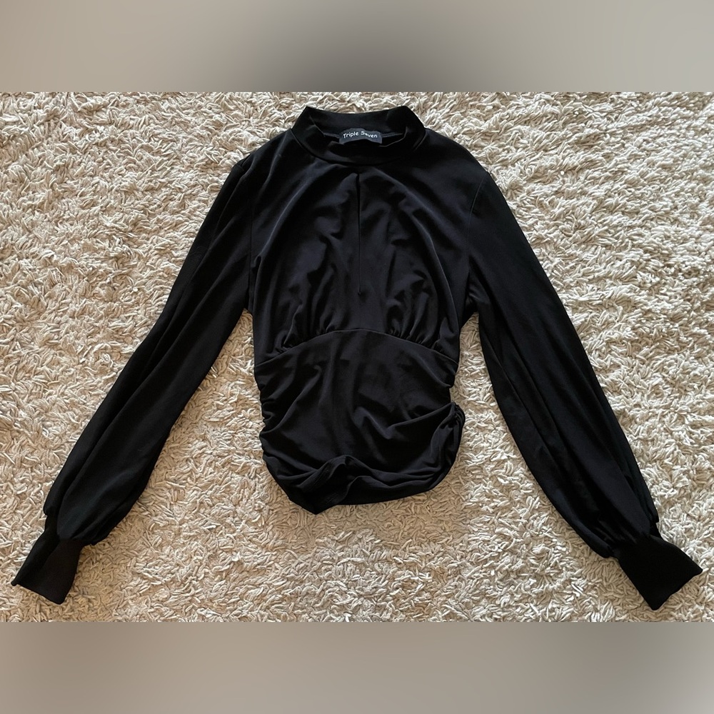 TRIPLE SEVEN black stretchy long sleeve cut out shirt top blouse Small S
